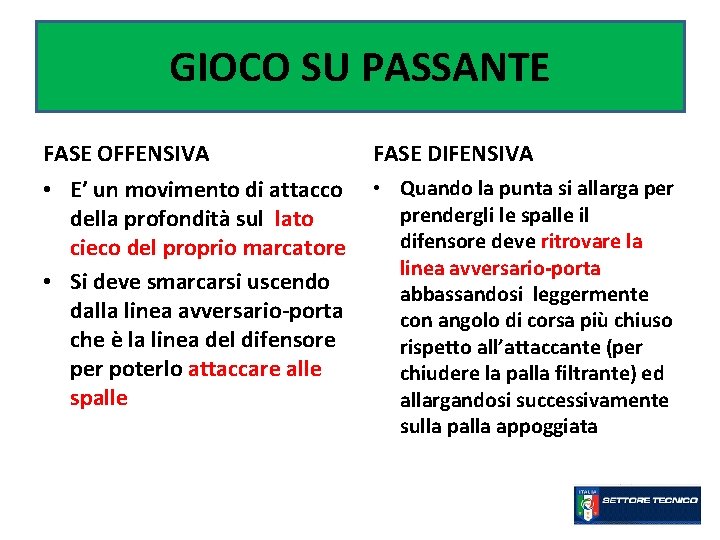 GIOCO SU PASSANTE FASE OFFENSIVA FASE DIFENSIVA • E’ un movimento di attacco della