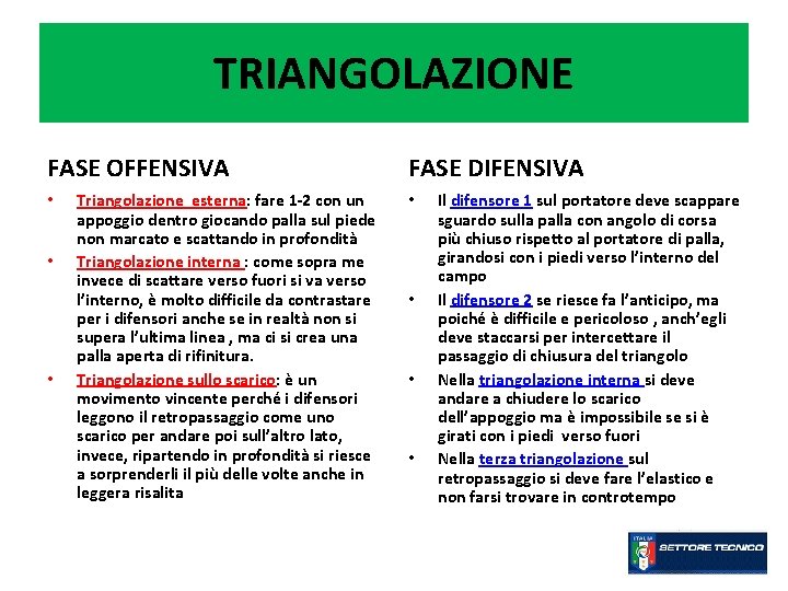 TRIANGOLAZIONE FASE OFFENSIVA • • • Triangolazione esterna: fare 1 -2 con un appoggio
