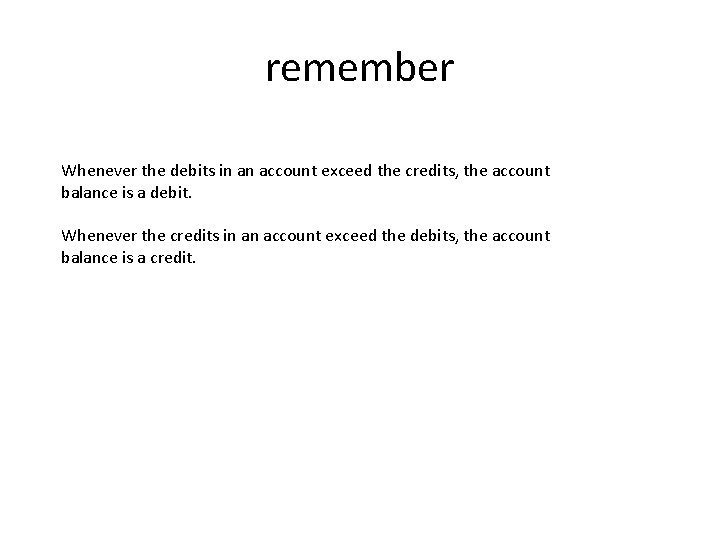 remember Whenever the debits in an account exceed the credits, the account balance is