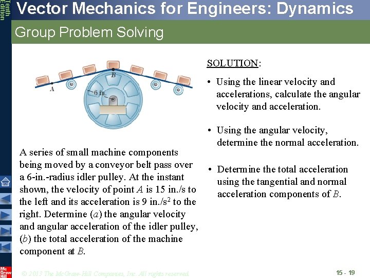 Tenth Edition Vector Mechanics for Engineers: Dynamics Group Problem Solving SOLUTION: • Using the