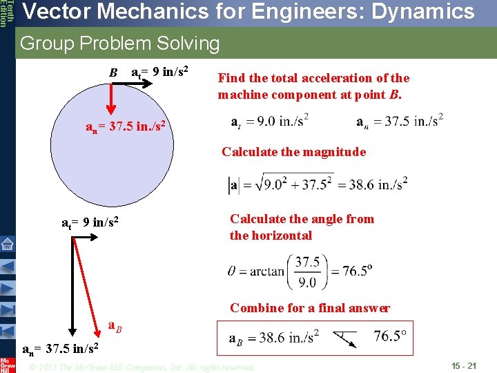Tenth Edition Vector Mechanics for Engineers: Dynamics Group Problem Solving B at= 9 in/s