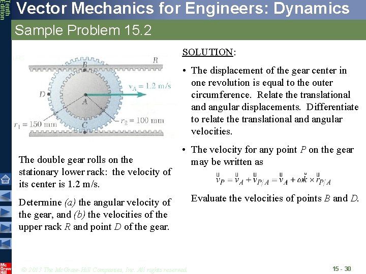 Tenth Edition Vector Mechanics for Engineers: Dynamics Sample Problem 15. 2 SOLUTION: • The