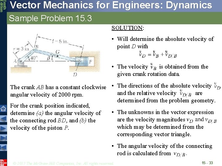 Tenth Edition Vector Mechanics for Engineers: Dynamics Sample Problem 15. 3 SOLUTION: • Will