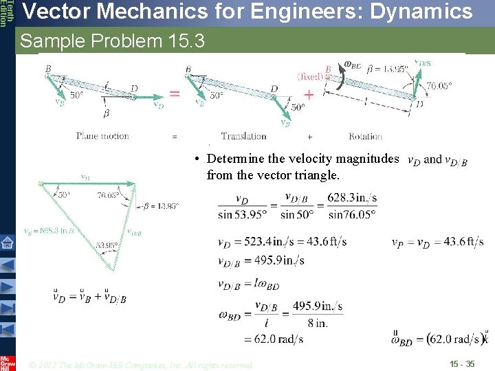 Tenth Edition Vector Mechanics for Engineers: Dynamics Sample Problem 15. 3 • Determine the