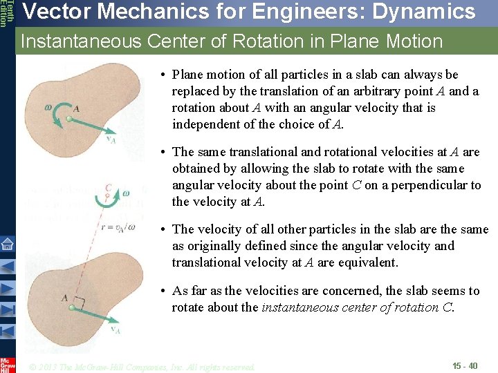 Tenth Edition Vector Mechanics for Engineers: Dynamics Instantaneous Center of Rotation in Plane Motion