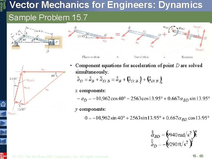 Tenth Edition Vector Mechanics for Engineers: Dynamics Sample Problem 15. 7 • Component equations
