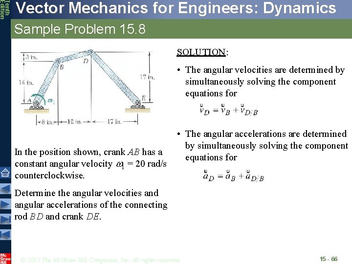 Tenth Edition Vector Mechanics for Engineers: Dynamics Sample Problem 15. 8 SOLUTION: • The