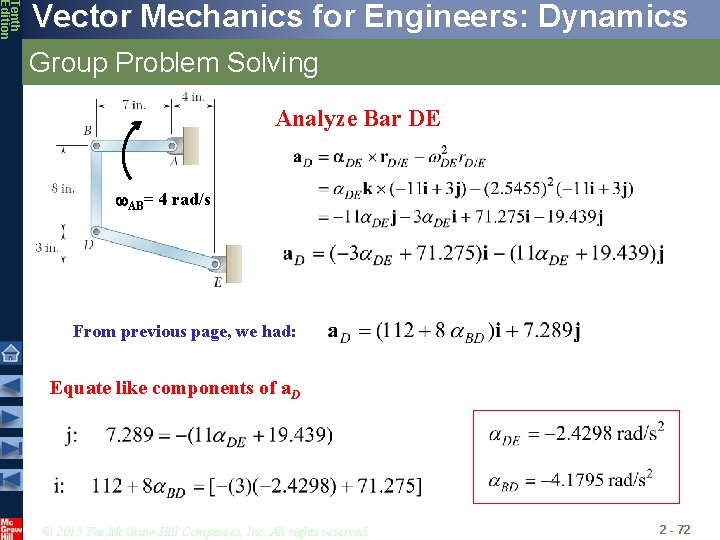 Tenth Edition Vector Mechanics for Engineers: Dynamics Group Problem Solving Analyze Bar DE w.