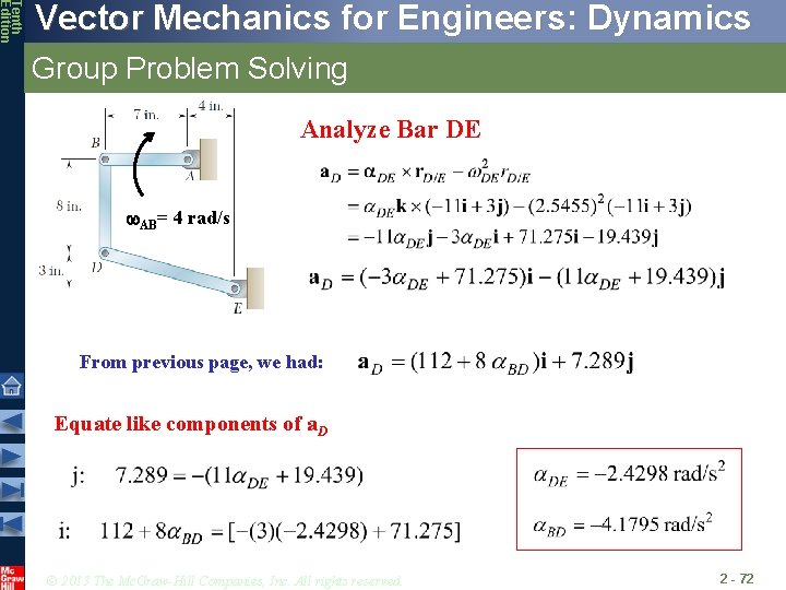 Tenth Edition Vector Mechanics for Engineers: Dynamics Group Problem Solving Analyze Bar DE w.