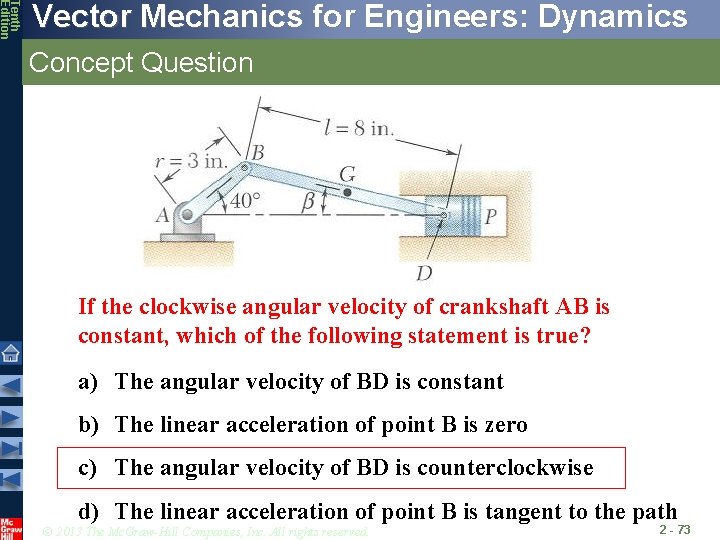 Tenth Edition Vector Mechanics for Engineers: Dynamics Concept Question If the clockwise angular velocity