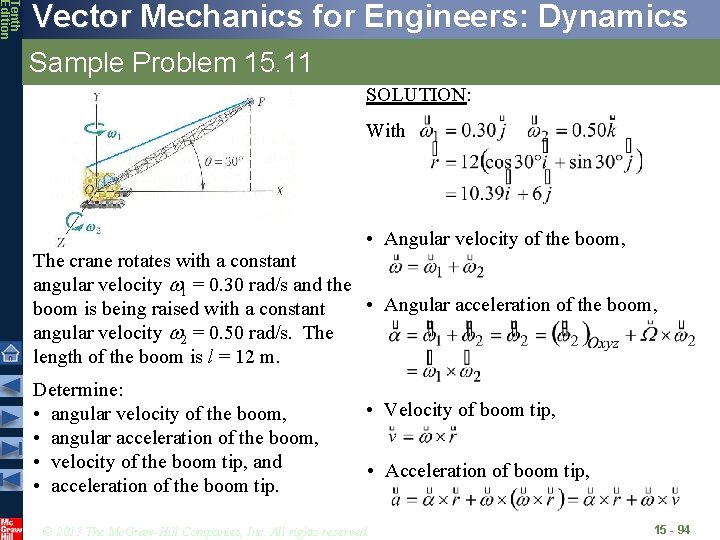 Tenth Edition Vector Mechanics for Engineers: Dynamics Sample Problem 15. 11 SOLUTION: With •