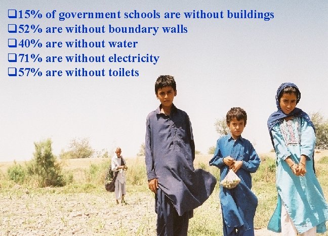 q 15% of government schools are without buildings q 52% are without boundary walls