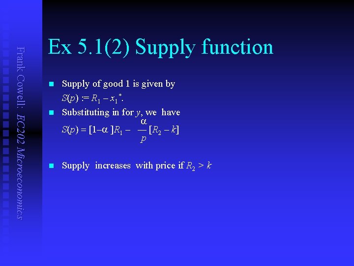 Frank Cowell: EC 202 Microeconomics Ex 5. 1(2) Supply function n Supply of good