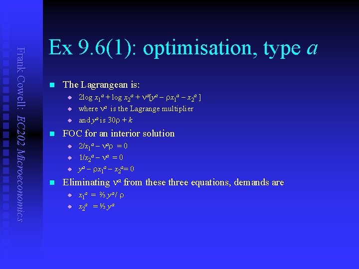 Frank Cowell: EC 202 Microeconomics Ex 9. 6(1): optimisation, type a n The Lagrangean