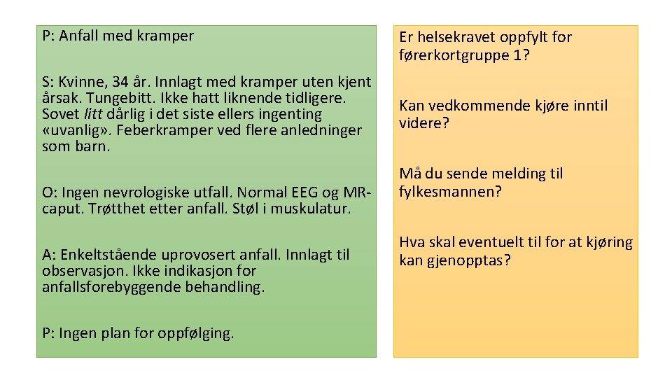 P: Anfall med kramper S: Kvinne, 34 år. Innlagt med kramper uten kjent årsak.