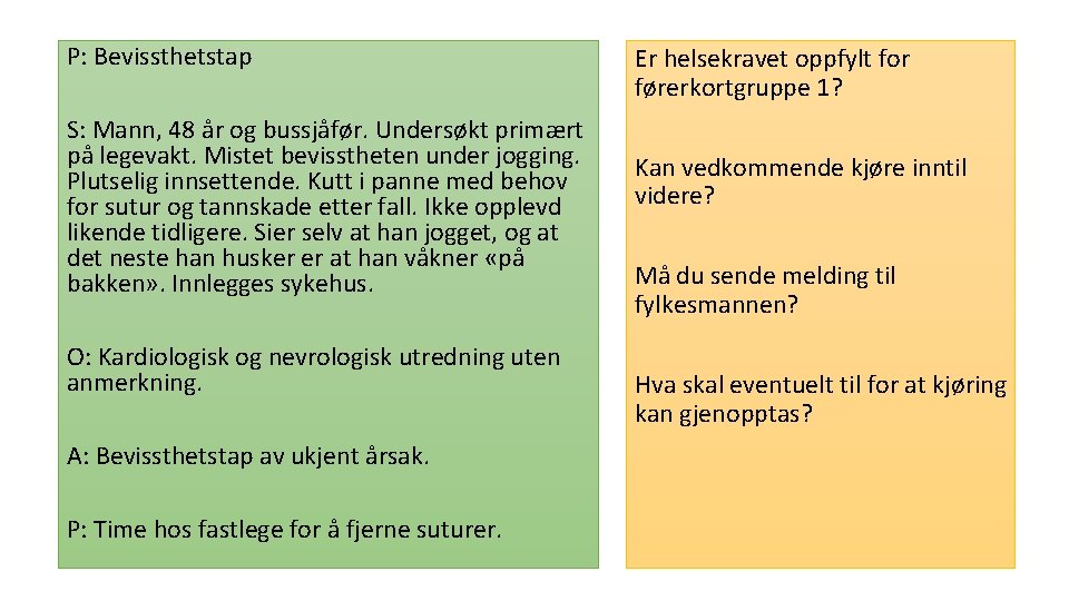 P: Bevissthetstap S: Mann, 48 år og bussjåfør. Undersøkt primært på legevakt. Mistet bevisstheten