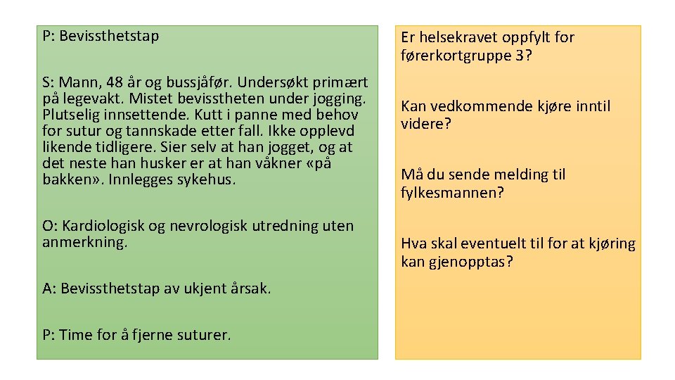 P: Bevissthetstap S: Mann, 48 år og bussjåfør. Undersøkt primært på legevakt. Mistet bevisstheten