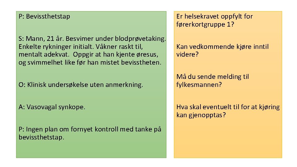 P: Bevissthetstap S: Mann, 21 år. Besvimer under blodprøvetaking. Enkelte rykninger initialt. Våkner raskt