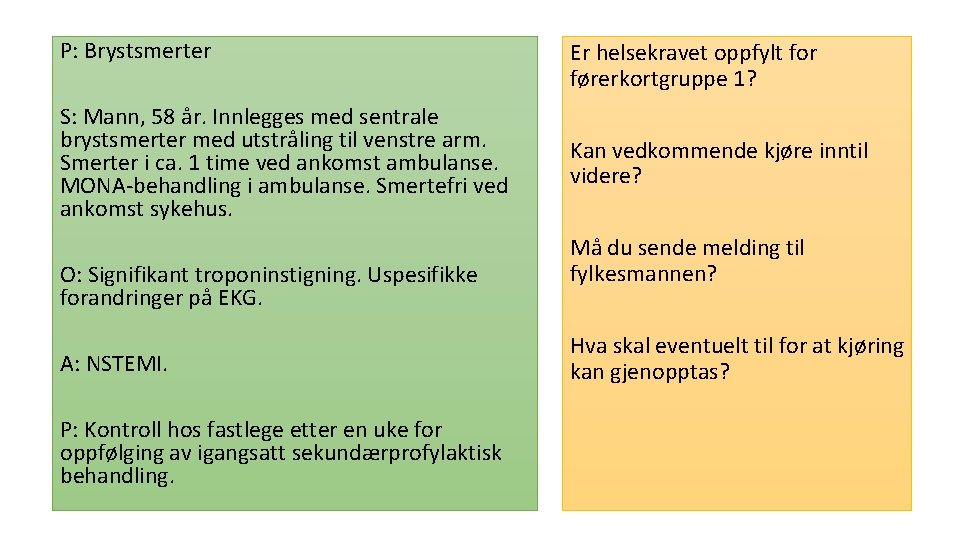 P: Brystsmerter S: Mann, 58 år. Innlegges med sentrale brystsmerter med utstråling til venstre