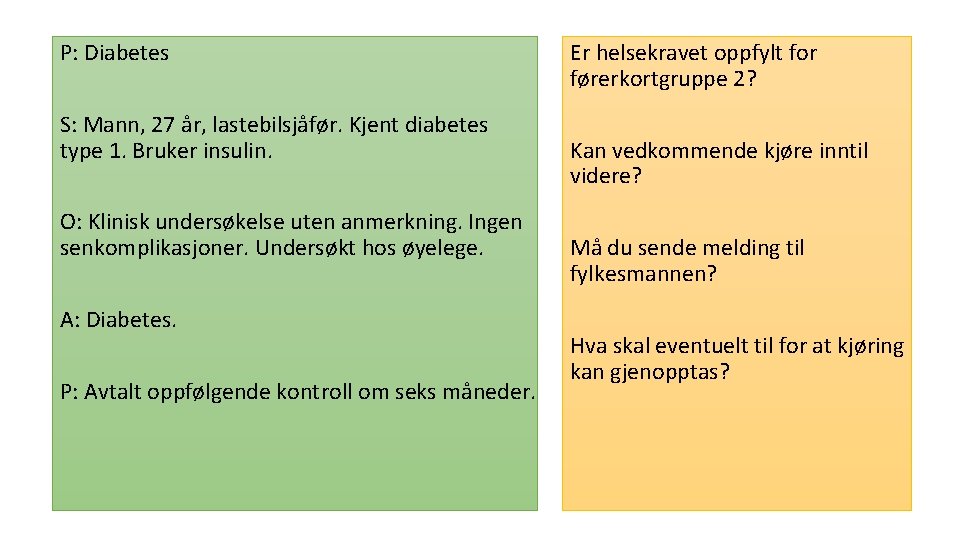 P: Diabetes S: Mann, 27 år, lastebilsjåfør. Kjent diabetes type 1. Bruker insulin. O: