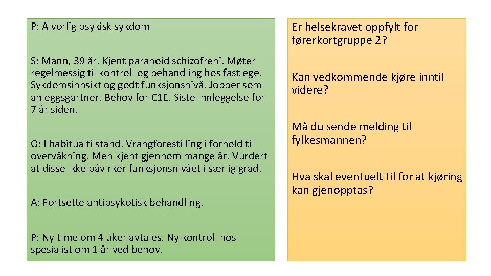 P: Alvorlig psykisk sykdom S: Mann, 39 år. Kjent paranoid schizofreni. Møter regelmessig til