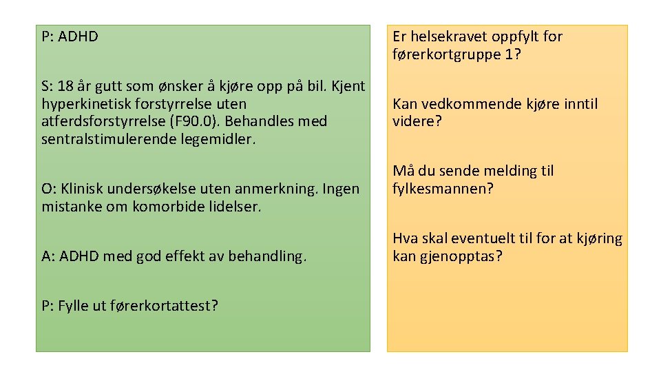 P: ADHD S: 18 år gutt som ønsker å kjøre opp på bil. Kjent