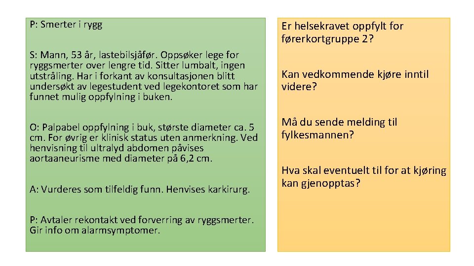 P: Smerter i rygg S: Mann, 53 år, lastebilsjåfør. Oppsøker lege for ryggsmerter over