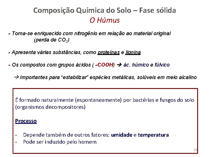 Composição Química do Solo – Fase sólida O Húmus - Torna-se enriquecido com nitrogênio