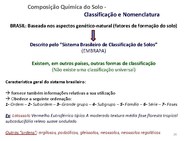 Composição Química do Solo Classificação e Nomenclatura BRASIL: Baseada nos aspectos genético-natural (fatores de