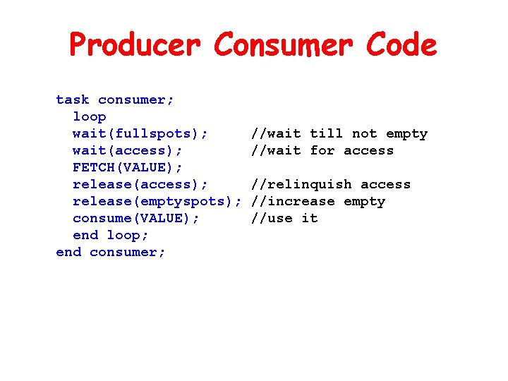 Producer Consumer Code task consumer; loop wait(fullspots); wait(access); FETCH(VALUE); release(access); release(emptyspots); consume(VALUE); end loop; Producer Consumer Code task consumer; loop wait(fullspots); wait(access); FETCH(VALUE); release(access); release(emptyspots); consume(VALUE); end loop;