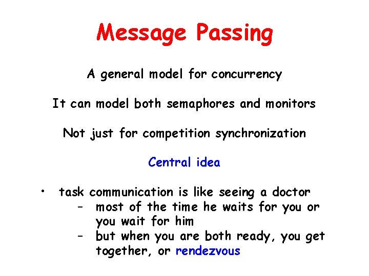 Message Passing A general model for concurrency It can model both semaphores and monitors Message Passing A general model for concurrency It can model both semaphores and monitors