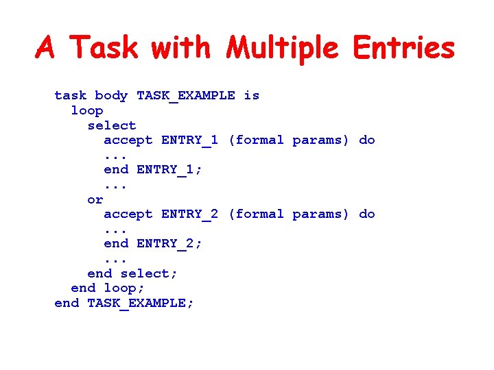A Task with Multiple Entries task body TASK_EXAMPLE is loop select accept ENTRY_1 (formal A Task with Multiple Entries task body TASK_EXAMPLE is loop select accept ENTRY_1 (formal