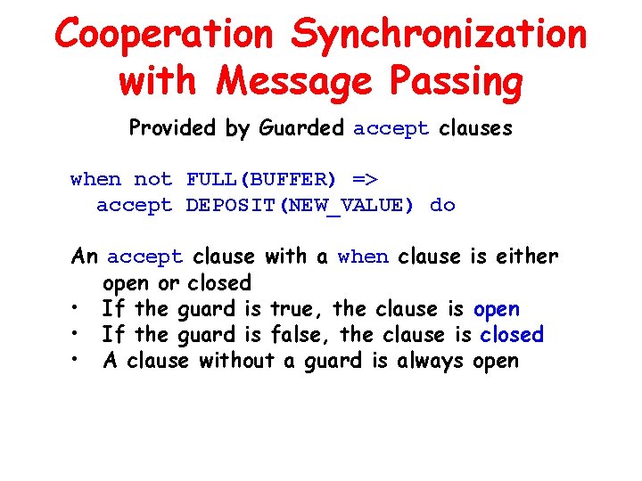Cooperation Synchronization with Message Passing Provided by Guarded accept clauses when not FULL(BUFFER) => Cooperation Synchronization with Message Passing Provided by Guarded accept clauses when not FULL(BUFFER) =>