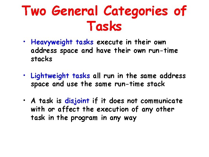 Two General Categories of Tasks • Heavyweight tasks execute in their own address space Two General Categories of Tasks • Heavyweight tasks execute in their own address space