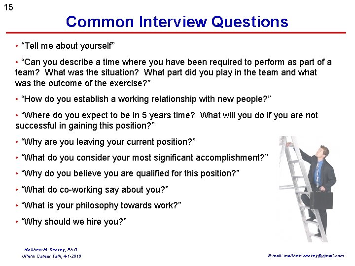 15 Common Interview Questions • “Tell me about yourself” • “Can you describe a