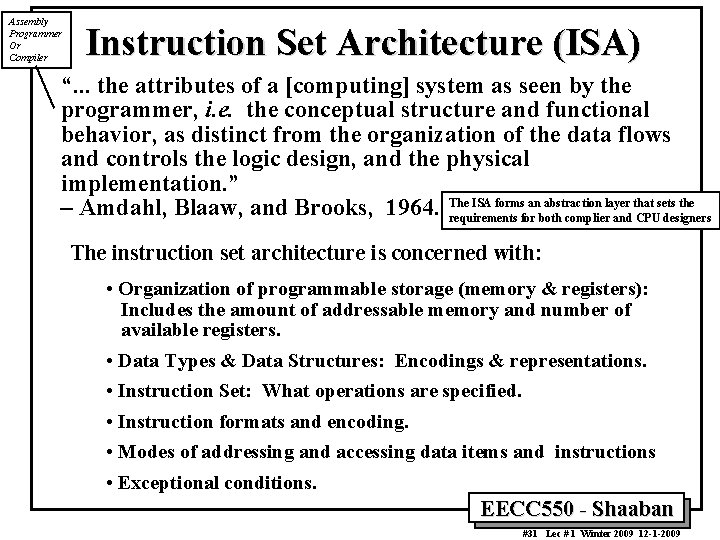 Assembly Programmer Or Compiler Instruction Set Architecture (ISA) “. . . the attributes of