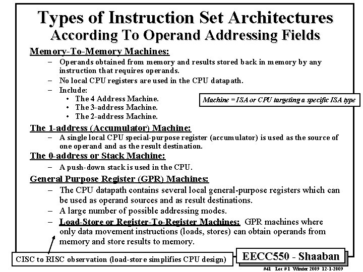 Types of Instruction Set Architectures According To Operand Addressing Fields Memory-To-Memory Machines: – Operands