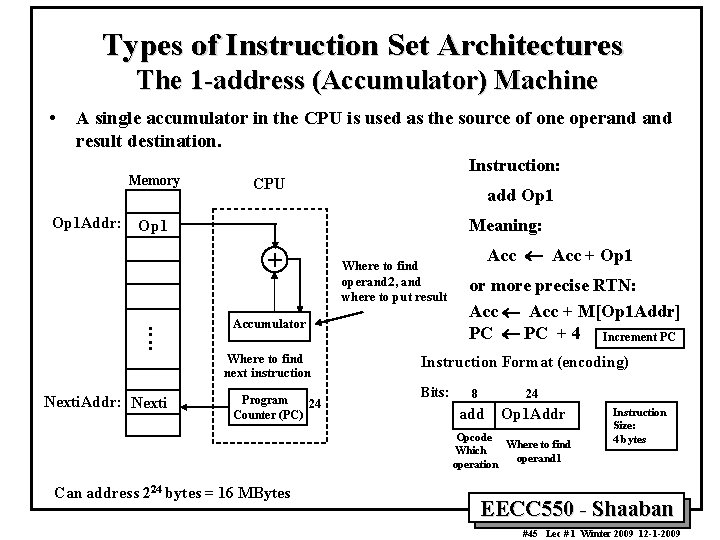 Types of Instruction Set Architectures The 1 -address (Accumulator) Machine • A single accumulator