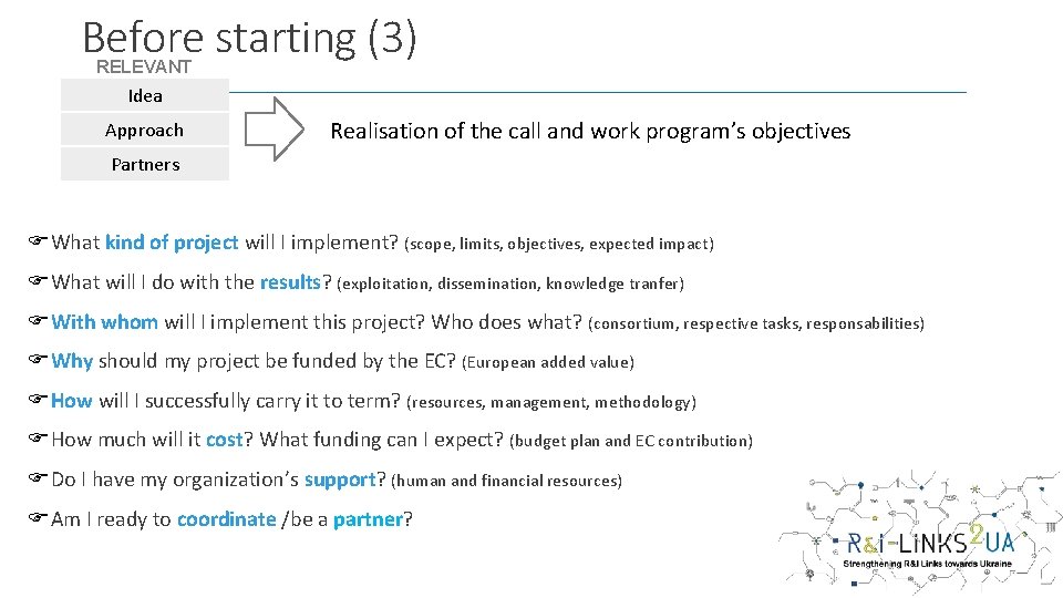 Before starting (3) RELEVANT Idea Approach Realisation of the call and work program’s objectives