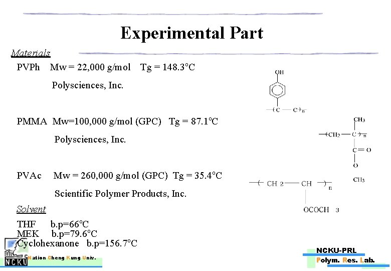 Experimental Part Materials PVPh Mw = 22, 000 g/mol Tg = 148. 3 o.