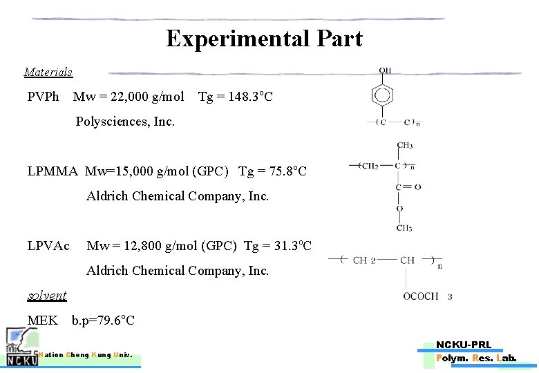 Experimental Part Materials PVPh Mw = 22, 000 g/mol Tg = 148. 3 o.