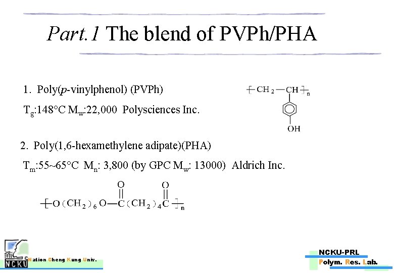 Part. 1 The blend of PVPh/PHA 1. Poly(p-vinylphenol) (PVPh) Tg: 148°C Mw: 22, 000