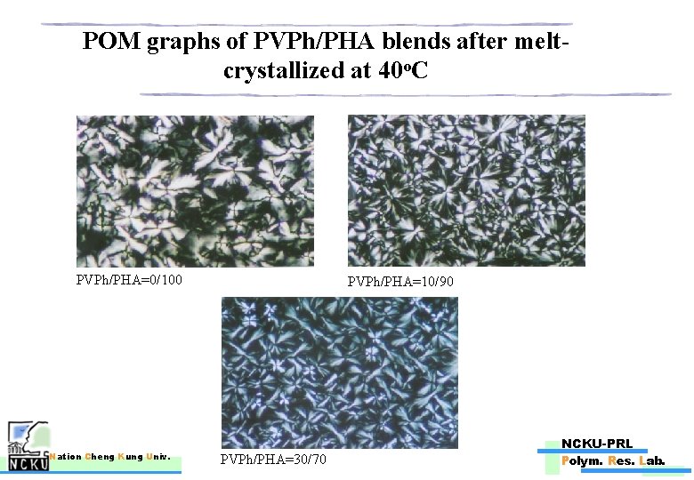 POM graphs of PVPh/PHA blends after meltcrystallized at 40 o. C PVPh/PHA=0/100 Nation Cheng