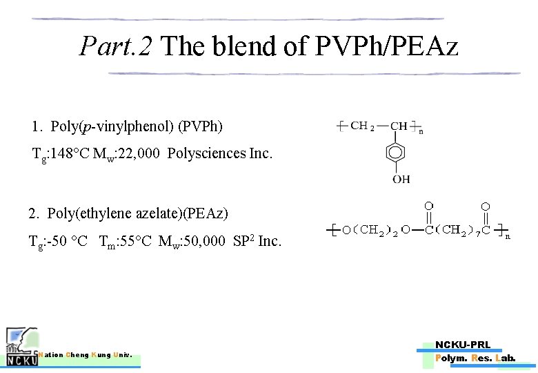 Part. 2 The blend of PVPh/PEAz 1. Poly(p-vinylphenol) (PVPh) Tg: 148°C Mw: 22, 000