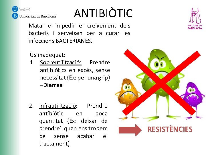 ANTIBIÒTIC Matar o impedir el creixement dels bacteris i serveixen per a curar les