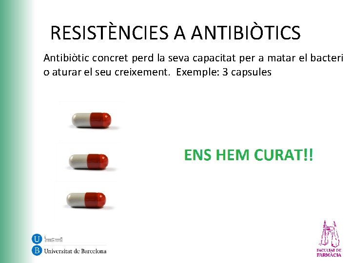 RESISTÈNCIES A ANTIBIÒTICS Antibiòtic concret perd la seva capacitat per a matar el bacteri