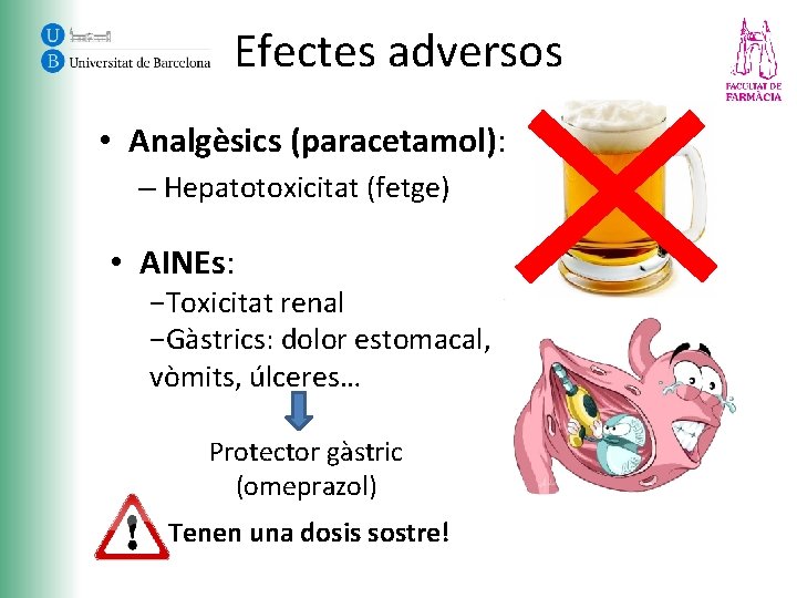 Efectes adversos • Analgèsics (paracetamol): – Hepatotoxicitat (fetge) • AINEs: −Toxicitat renal −Gàstrics: dolor