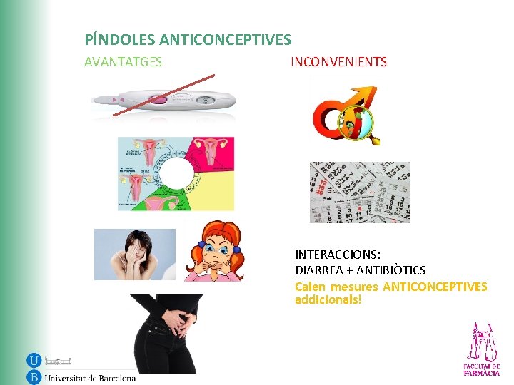 PÍNDOLES ANTICONCEPTIVES AVANTATGES INCONVENIENTS INTERACCIONS: DIARREA + ANTIBIÒTICS Calen mesures ANTICONCEPTIVES addicionals! 