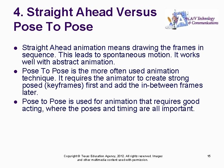 4. Straight Ahead Versus Pose To Pose l l l Straight Ahead animation means