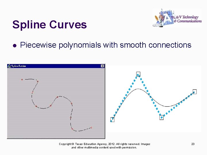 Spline Curves l Piecewise polynomials with smooth connections Copyright © Texas Education Agency, 2012.